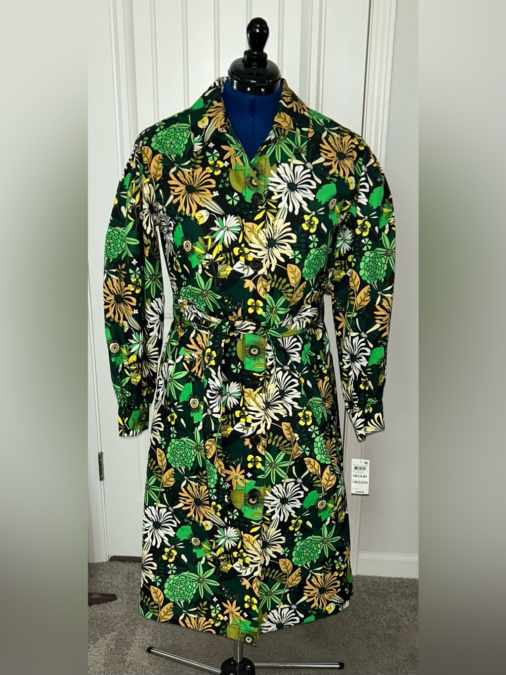 INC Green Floral Button-Front Belted Raincoat